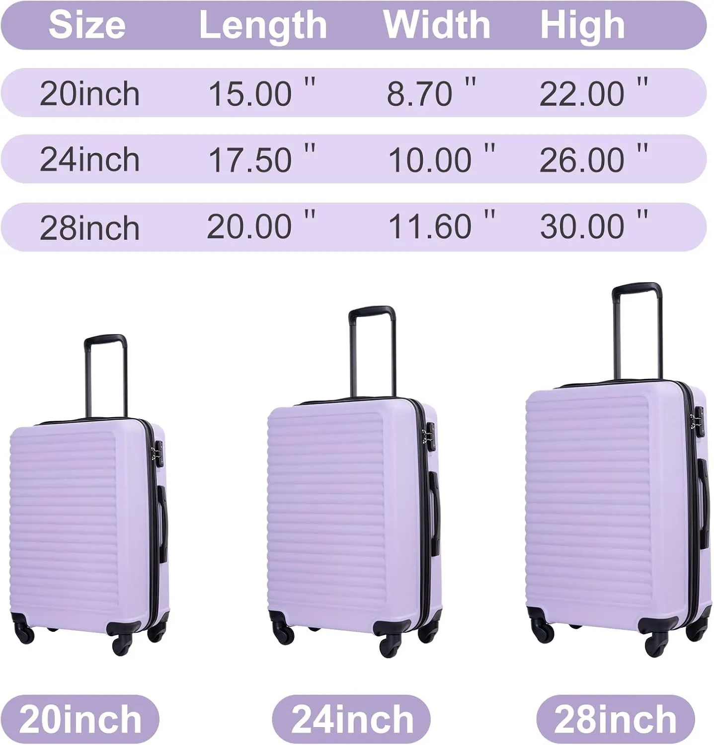 Travelhouse suitcases set 3-Piece Hardshell Luggage Set with Spinner Wheels & TSA Locks PP suitcases luggage (light purple, 3-Piece Set (20/24/28))