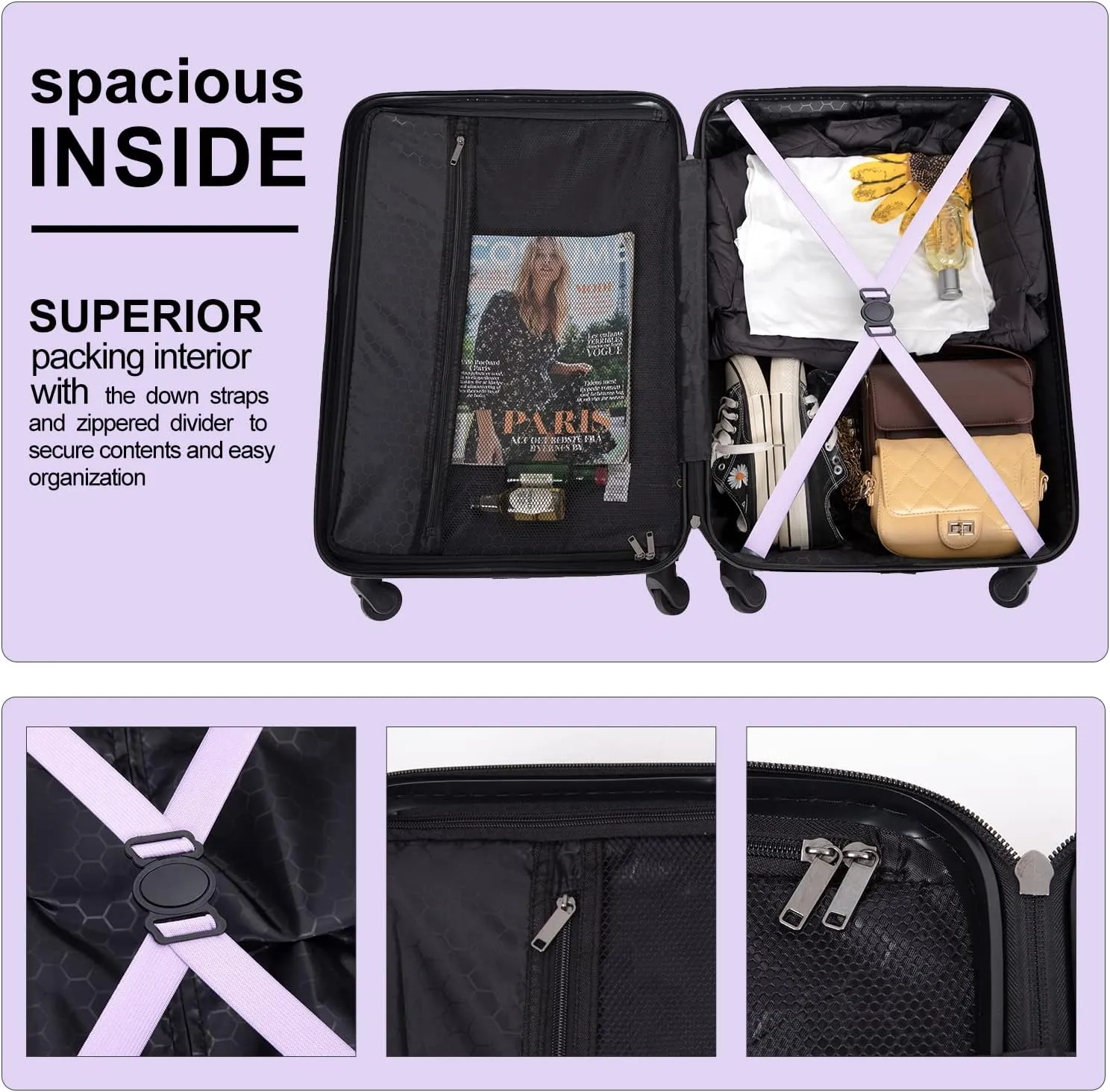 Travelhouse suitcases set 3-Piece Hardshell Luggage Set with Spinner Wheels & TSA Locks PP suitcases luggage (light purple, 3-Piece Set (20/24/28))