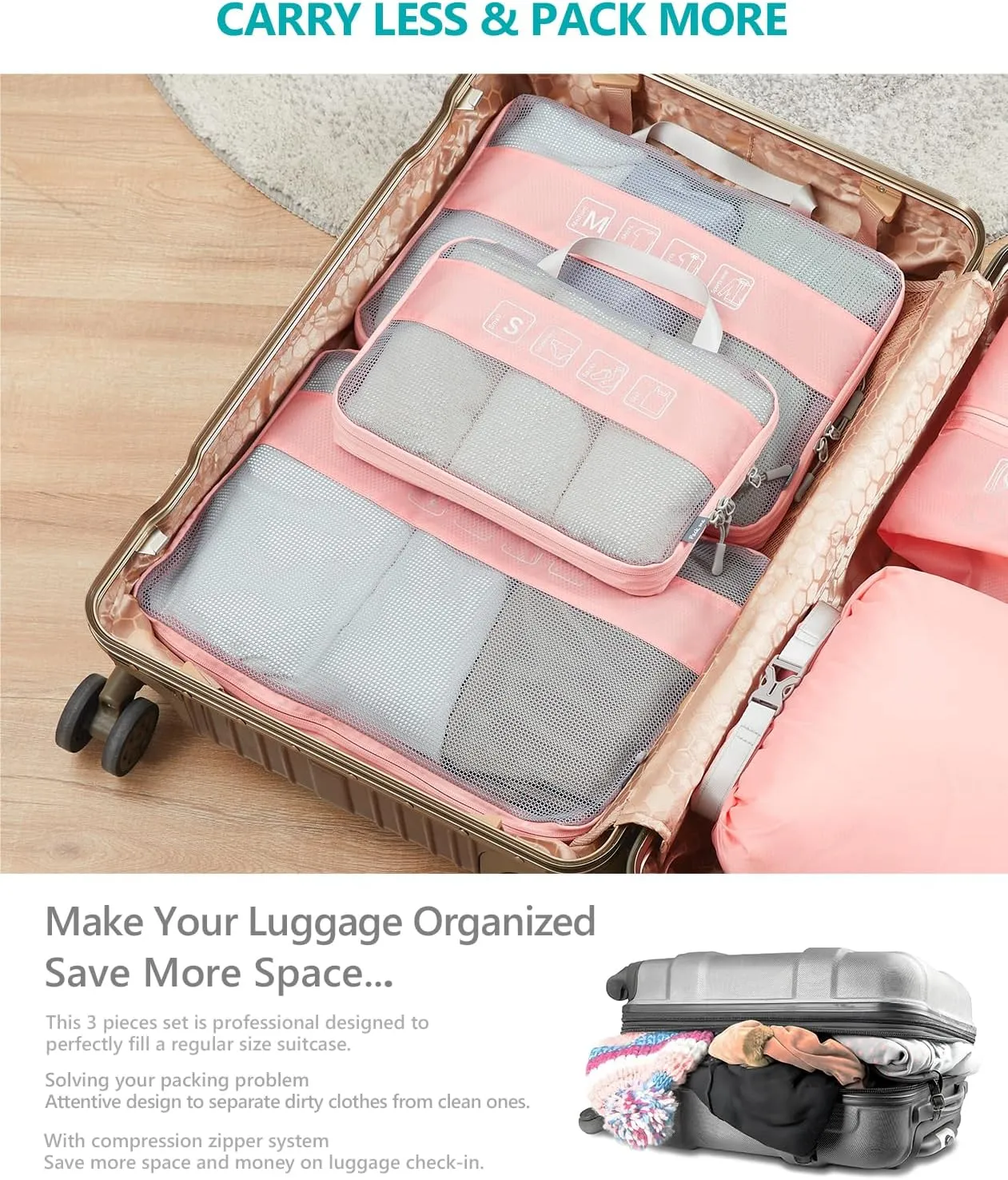 Travelkin 3 Set Packing Cubes - Compression Packing Cubes for Suitcase, Travel Organizers Bag Set