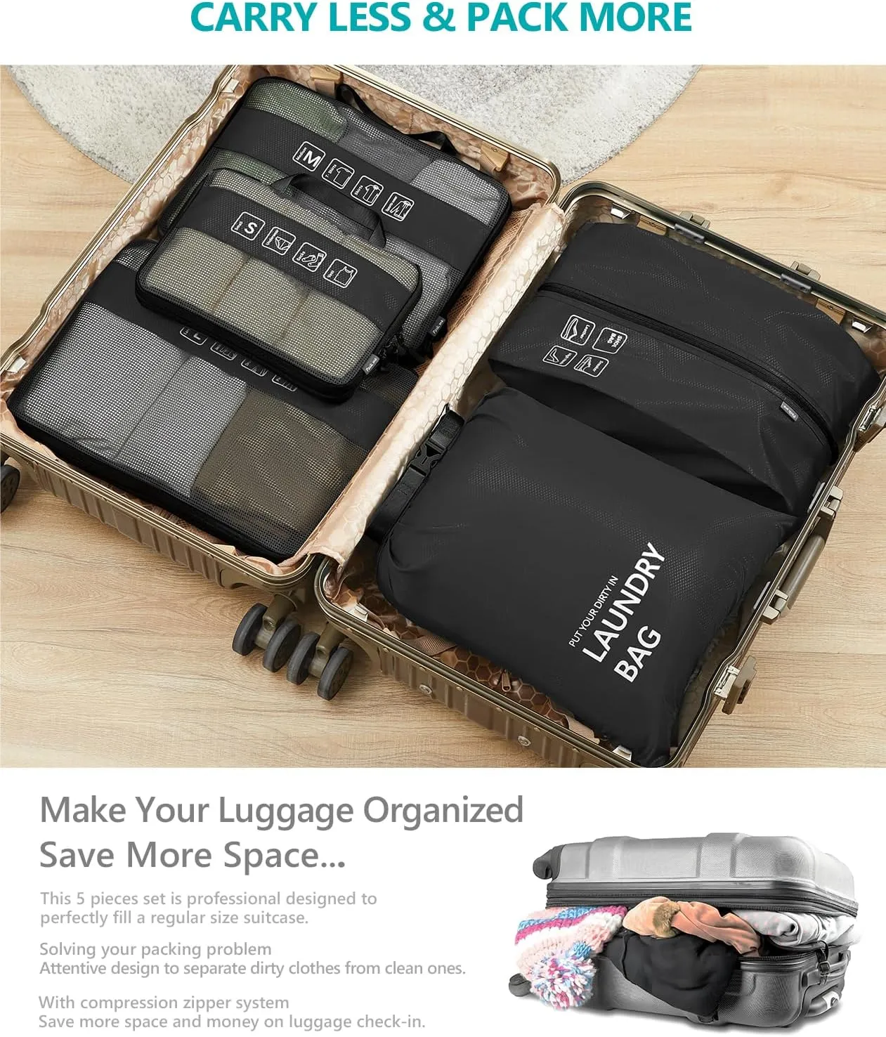 Travelkin 3 Set Packing Cubes - Compression Packing Cubes for Suitcase, Travel Organizers Bag Set