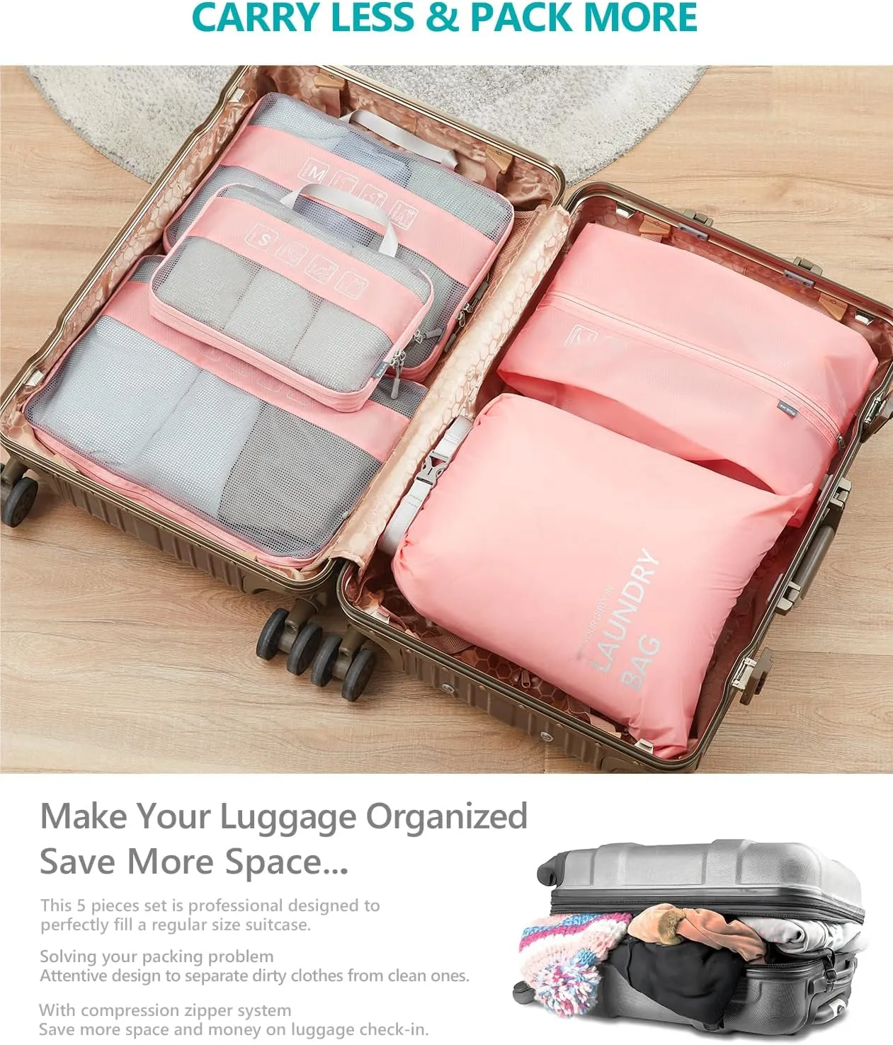 Travelkin 3 Set Packing Cubes - Compression Packing Cubes for Suitcase, Travel Organizers Bag Set