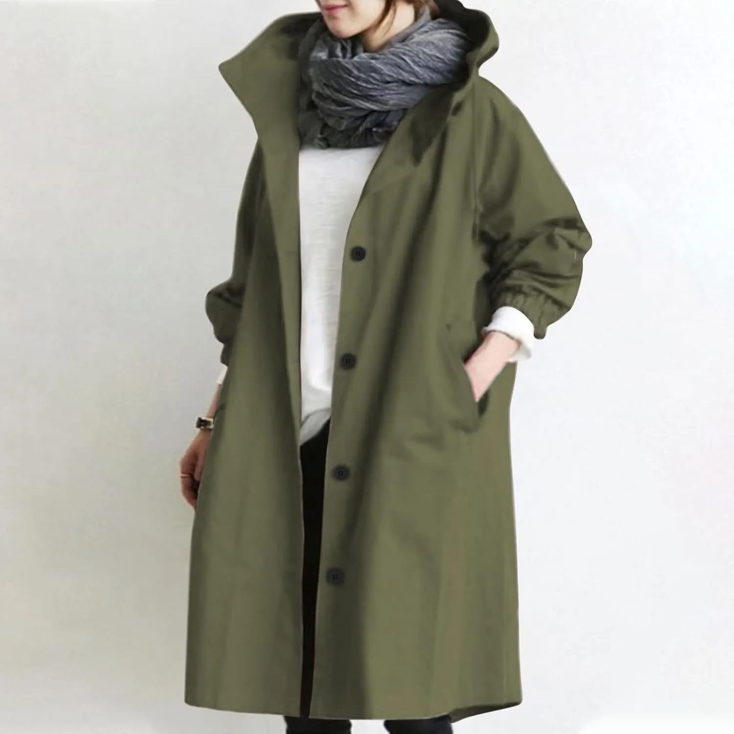 Trench Coats Women Plus Size Rain Jacket Long Anorak Jackets Oversized Hooded Waterproof Windbreaker Button Outerwear