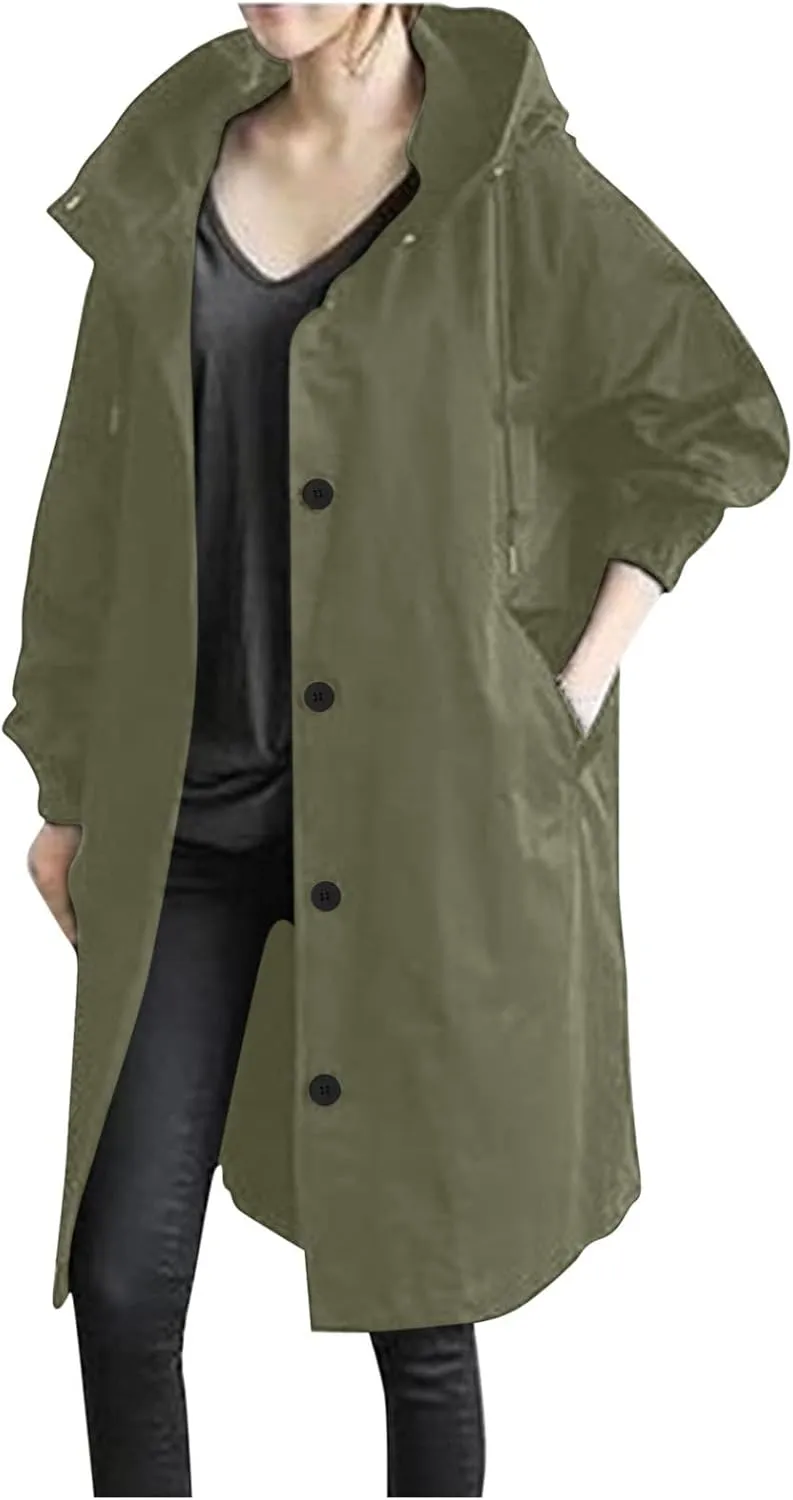 Trench Coats Women Plus Size Rain Jacket Long Anorak Jackets Oversized Hooded Waterproof Windbreaker Button Outerwear