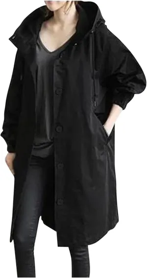 Trench Coats Women Plus Size Rain Jacket Long Anorak Jackets Oversized Hooded Waterproof Windbreaker Button Outerwear