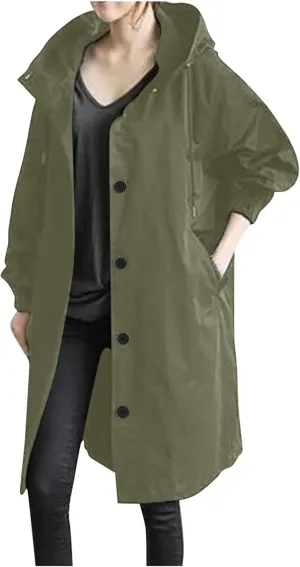 Trench Coats Women Plus Size Rain Jacket Long Anorak Jackets Oversized Hooded Waterproof Windbreaker Button Outerwear