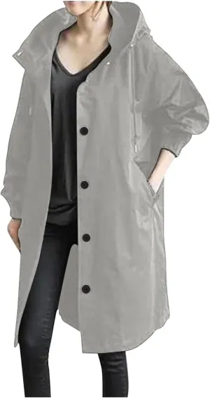 Trench Coats Women Plus Size Rain Jacket Long Anorak Jackets Oversized Hooded Waterproof Windbreaker Button Outerwear