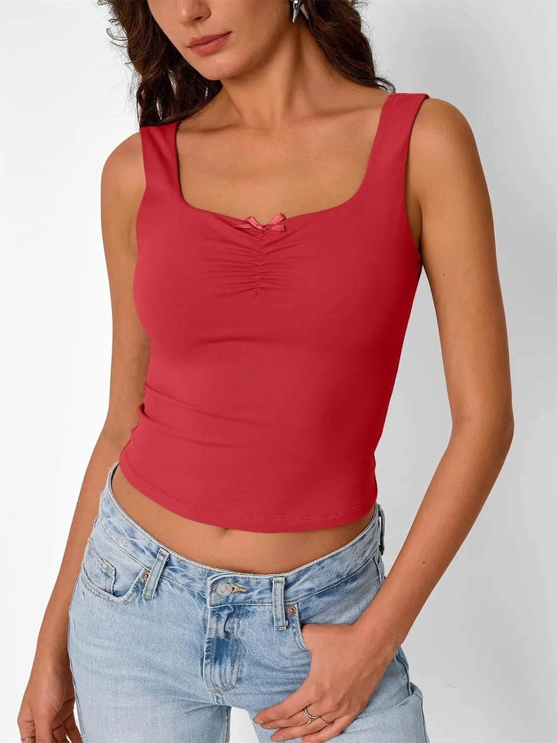 Trendy Queen Going Out Tops for Women Y2k Summer Teen Girls Cute Crop Tank Top Square Neck Basci Bow Clothes 2025 Camisole