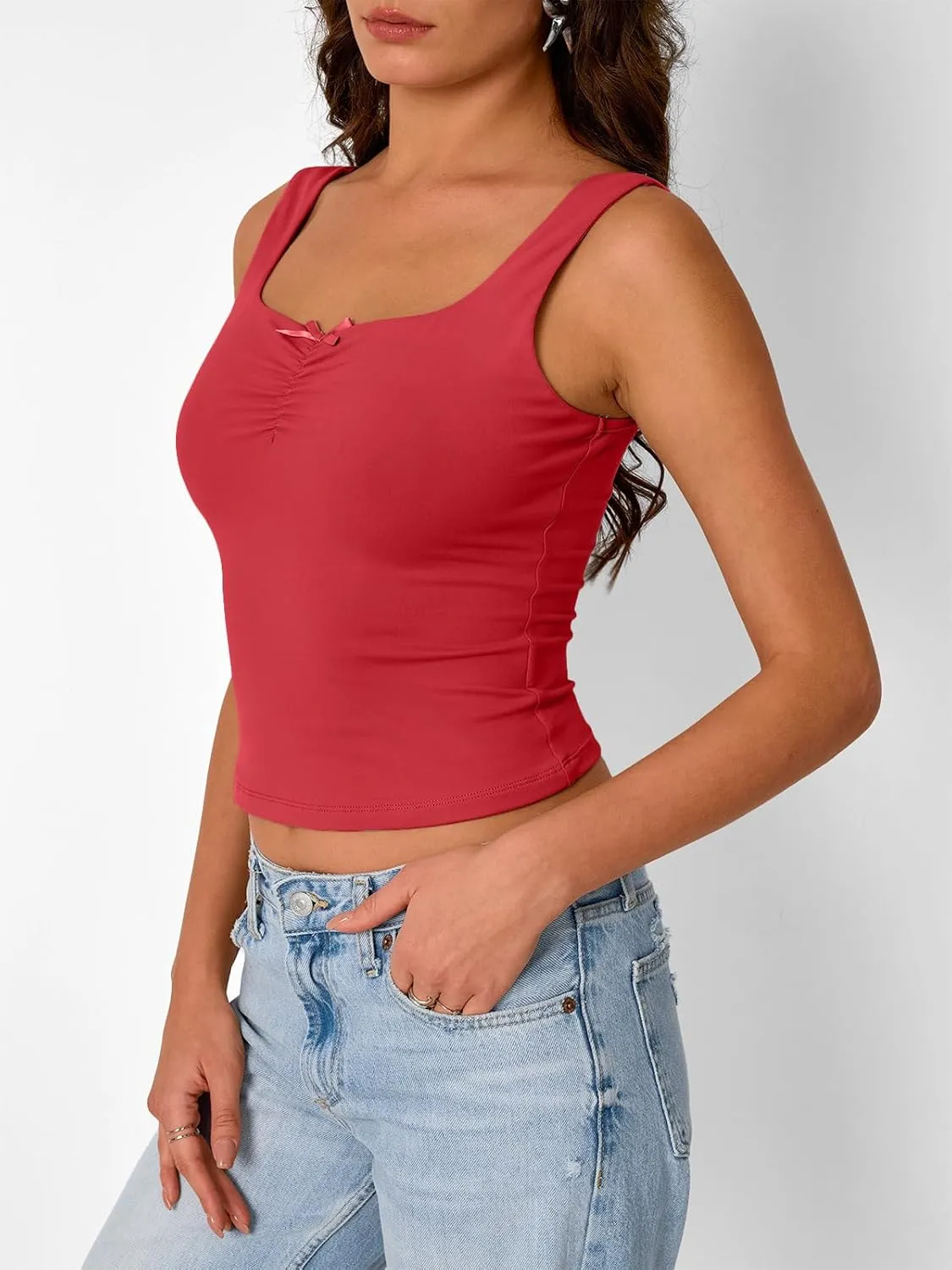 Trendy Queen Going Out Tops for Women Y2k Summer Teen Girls Cute Crop Tank Top Square Neck Basci Bow Clothes 2025 Camisole