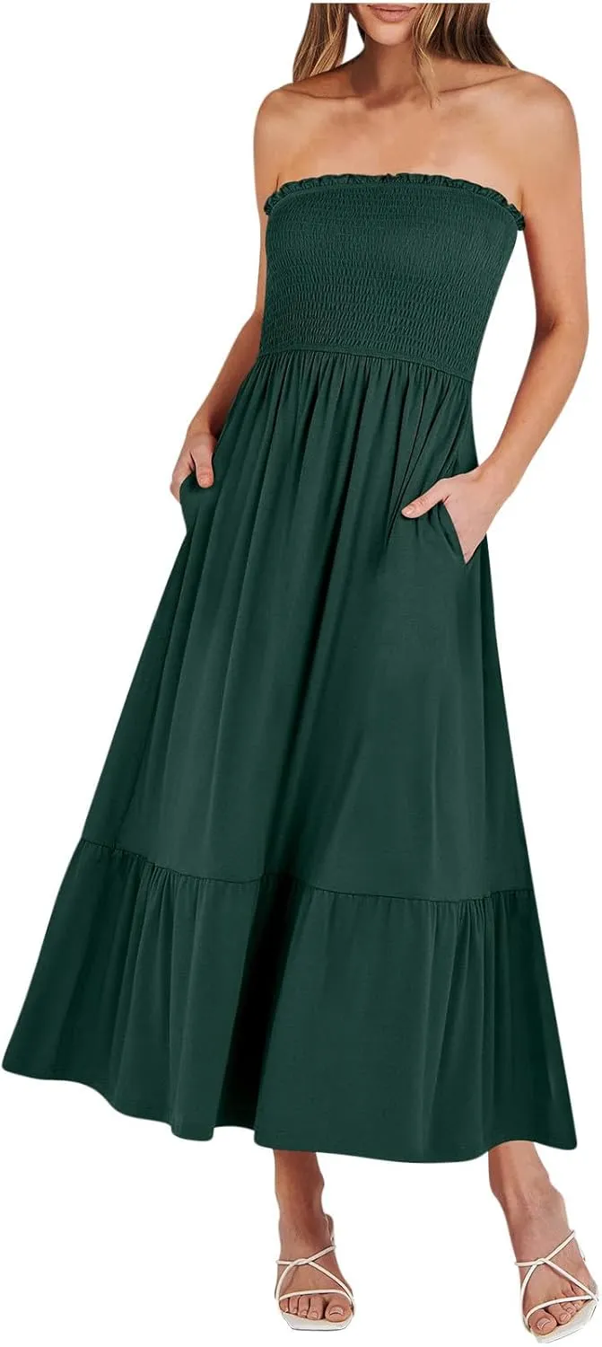 Tube Top Dress for Women Summer Solid Strapless Smocked Off Shoulder Boho Beach Dress Flowy Ruffle Long Maxi Dresses