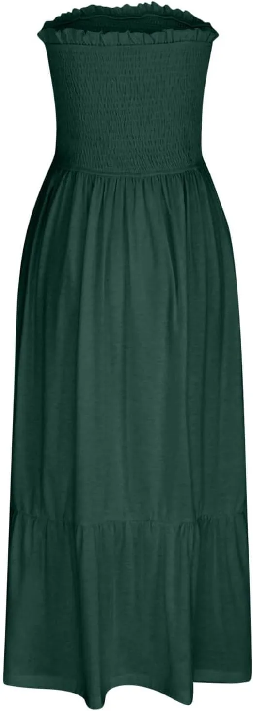 Tube Top Dress for Women Summer Solid Strapless Smocked Off Shoulder Boho Beach Dress Flowy Ruffle Long Maxi Dresses
