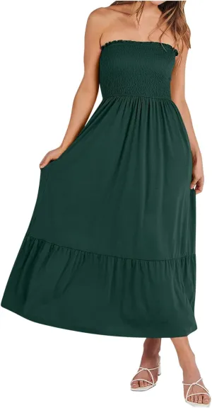 Tube Top Dress for Women Summer Solid Strapless Smocked Off Shoulder Boho Beach Dress Flowy Ruffle Long Maxi Dresses