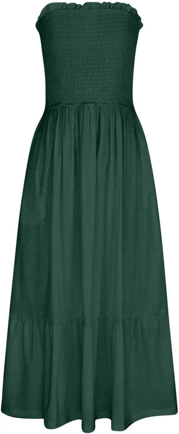 Tube Top Dress for Women Summer Solid Strapless Smocked Off Shoulder Boho Beach Dress Flowy Ruffle Long Maxi Dresses