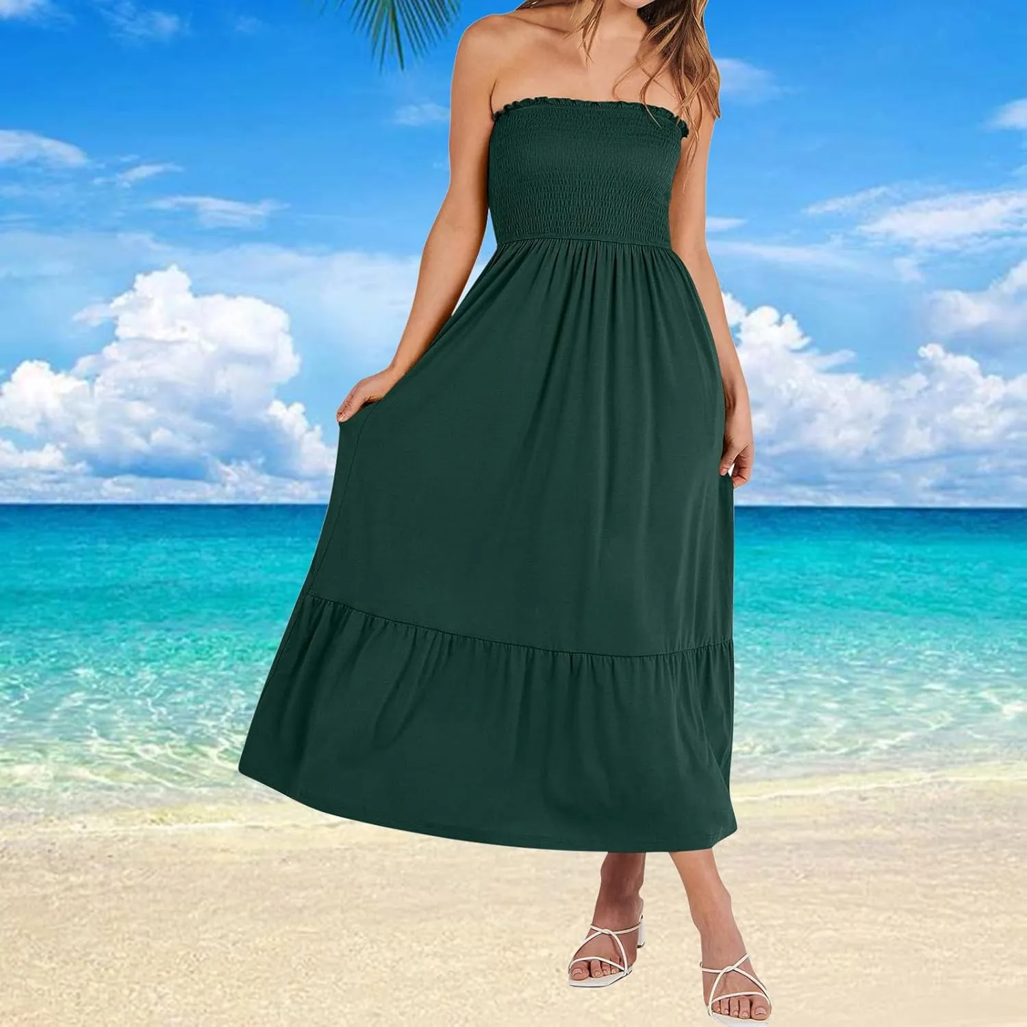 Tube Top Dress for Women Summer Solid Strapless Smocked Off Shoulder Boho Beach Dress Flowy Ruffle Long Maxi Dresses