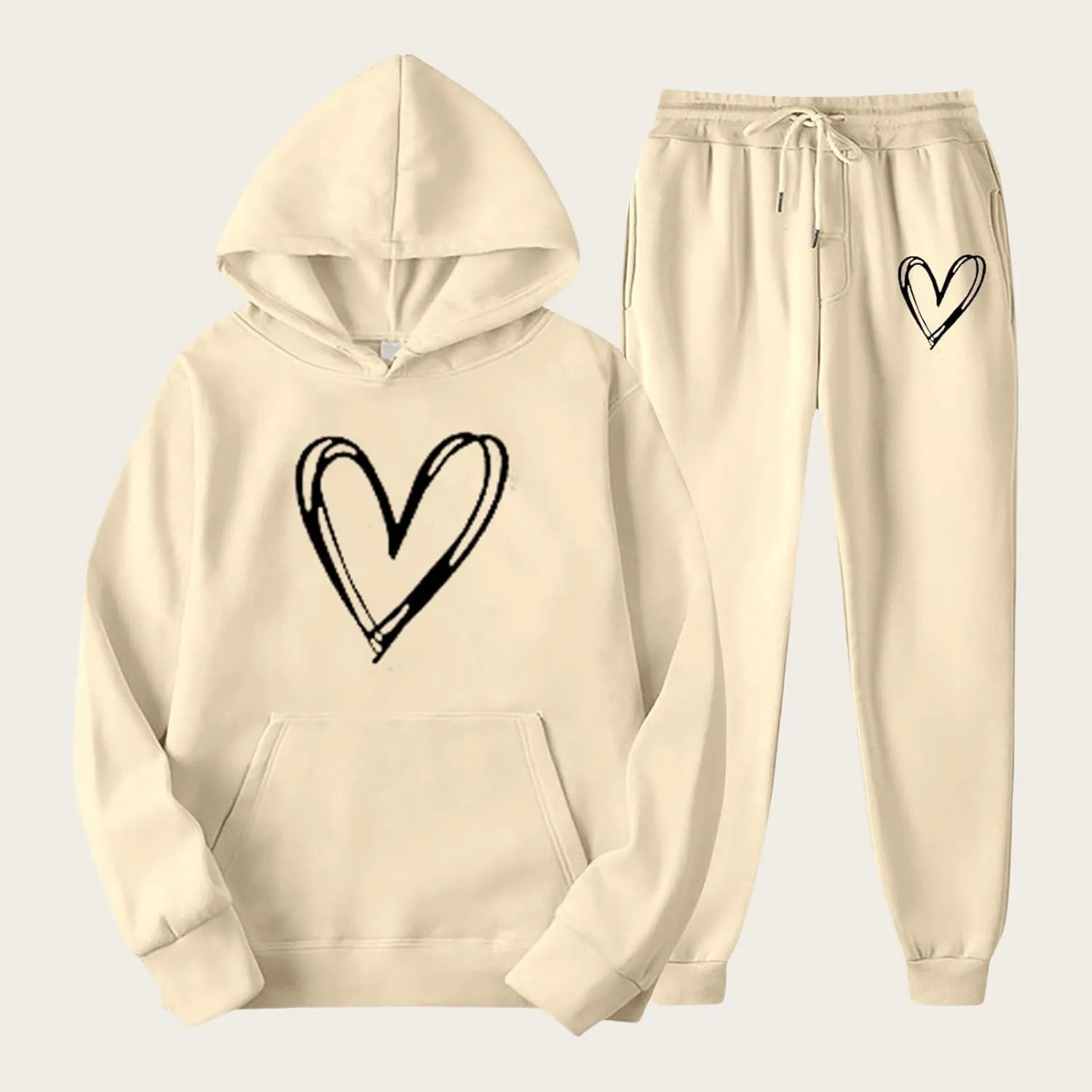 Two Piece Outfits for Women Oversized Heart Printed Pullover Hoodie Casual Sweatpants Tracksuits Lounge Sets