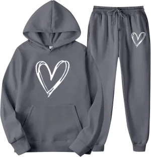 Two Piece Outfits for Women Oversized Heart Printed Pullover Hoodie Casual Sweatpants Tracksuits Lounge Sets
