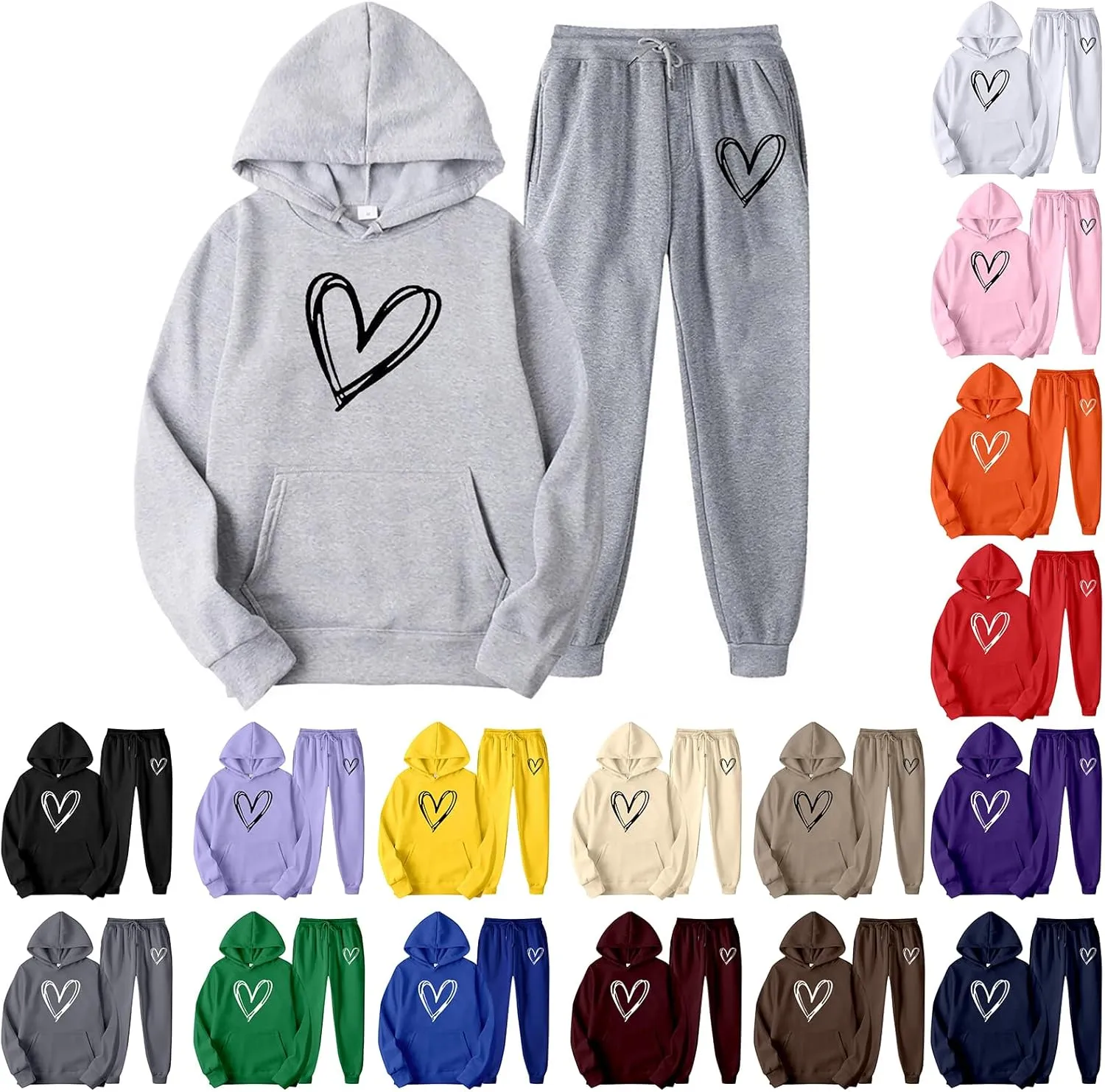 Two Piece Outfits for Women Oversized Heart Printed Pullover Hoodie Casual Sweatpants Tracksuits Lounge Sets