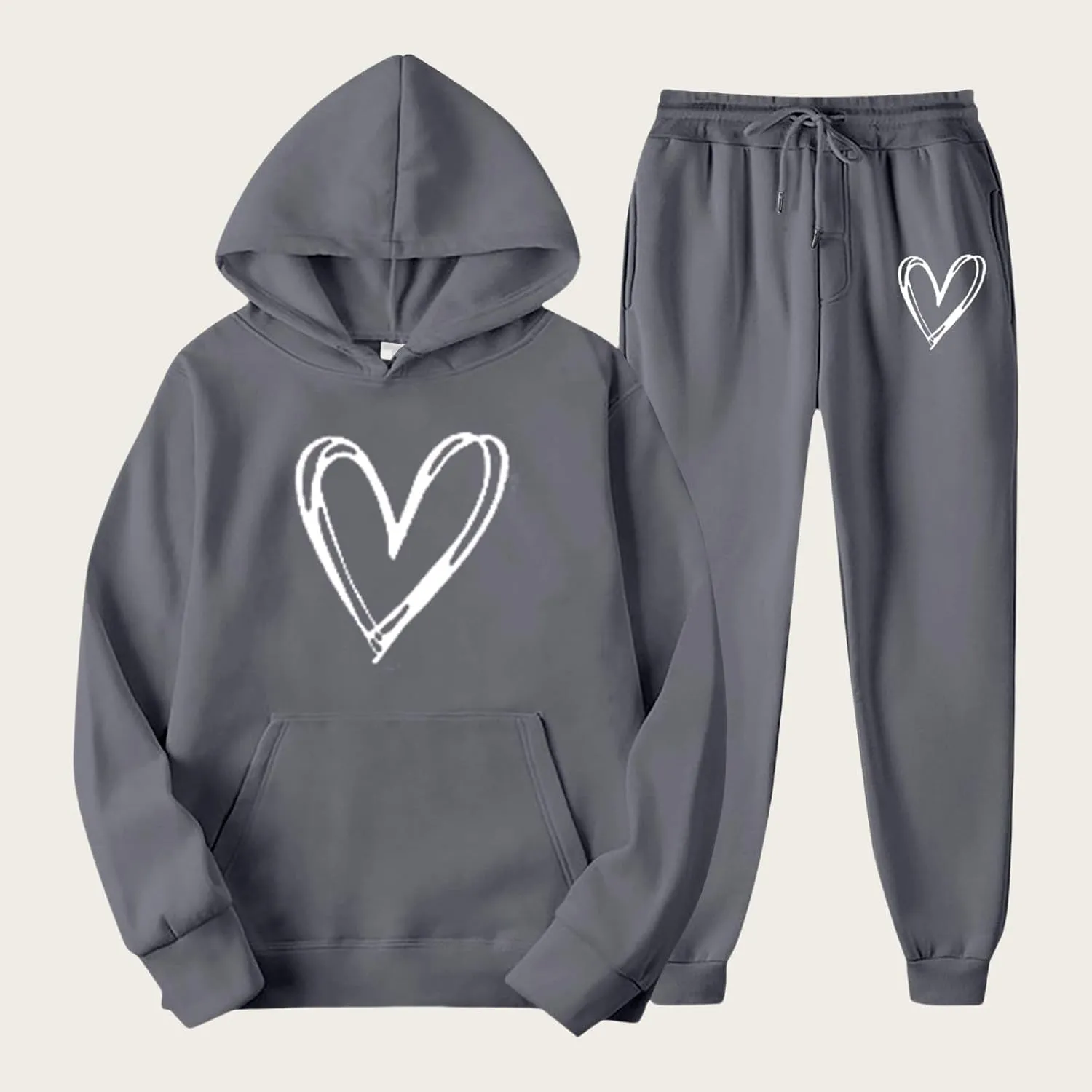 Two Piece Outfits for Women Oversized Heart Printed Pullover Hoodie Casual Sweatpants Tracksuits Lounge Sets