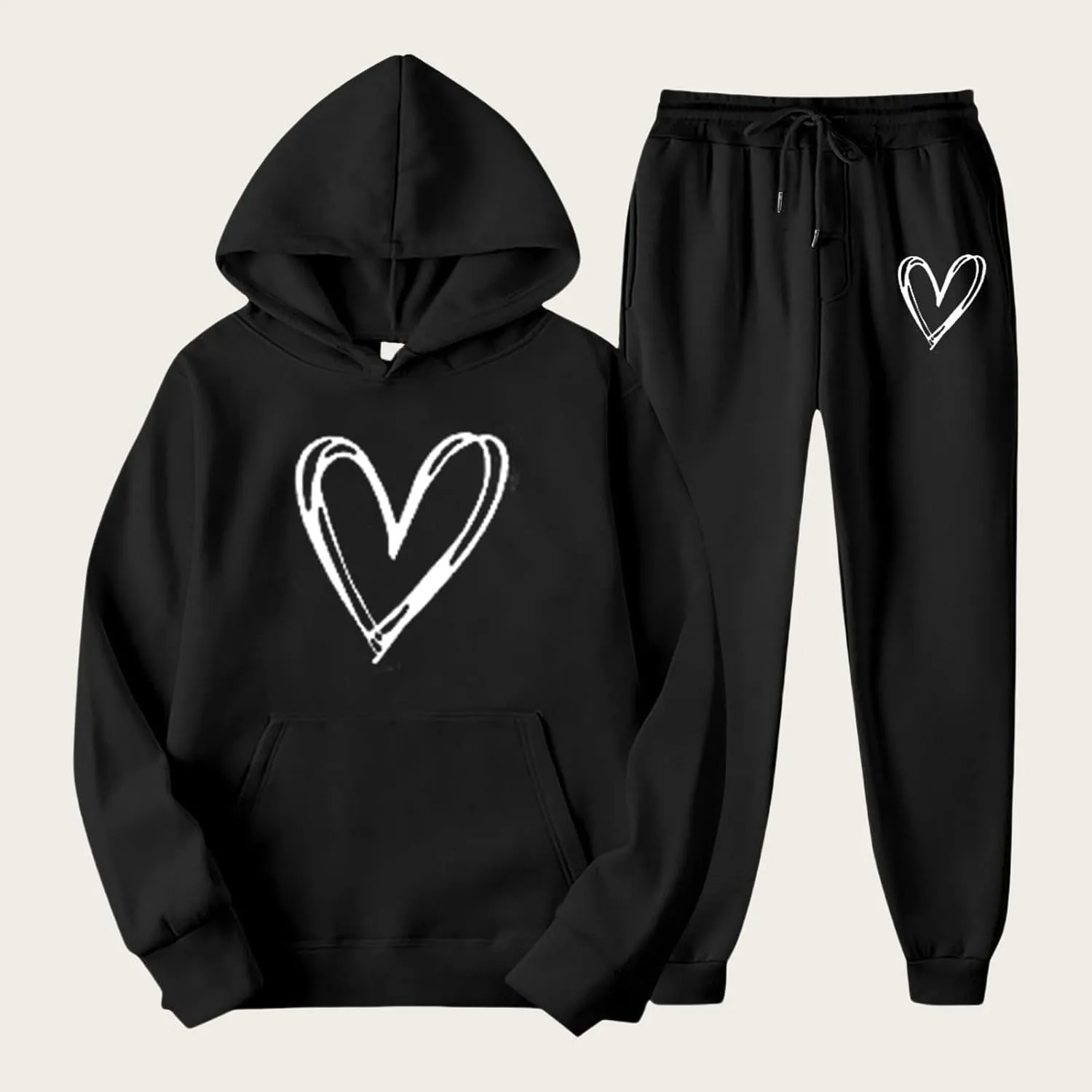 Two Piece Outfits for Women Oversized Heart Printed Pullover Hoodie Casual Sweatpants Tracksuits Lounge Sets