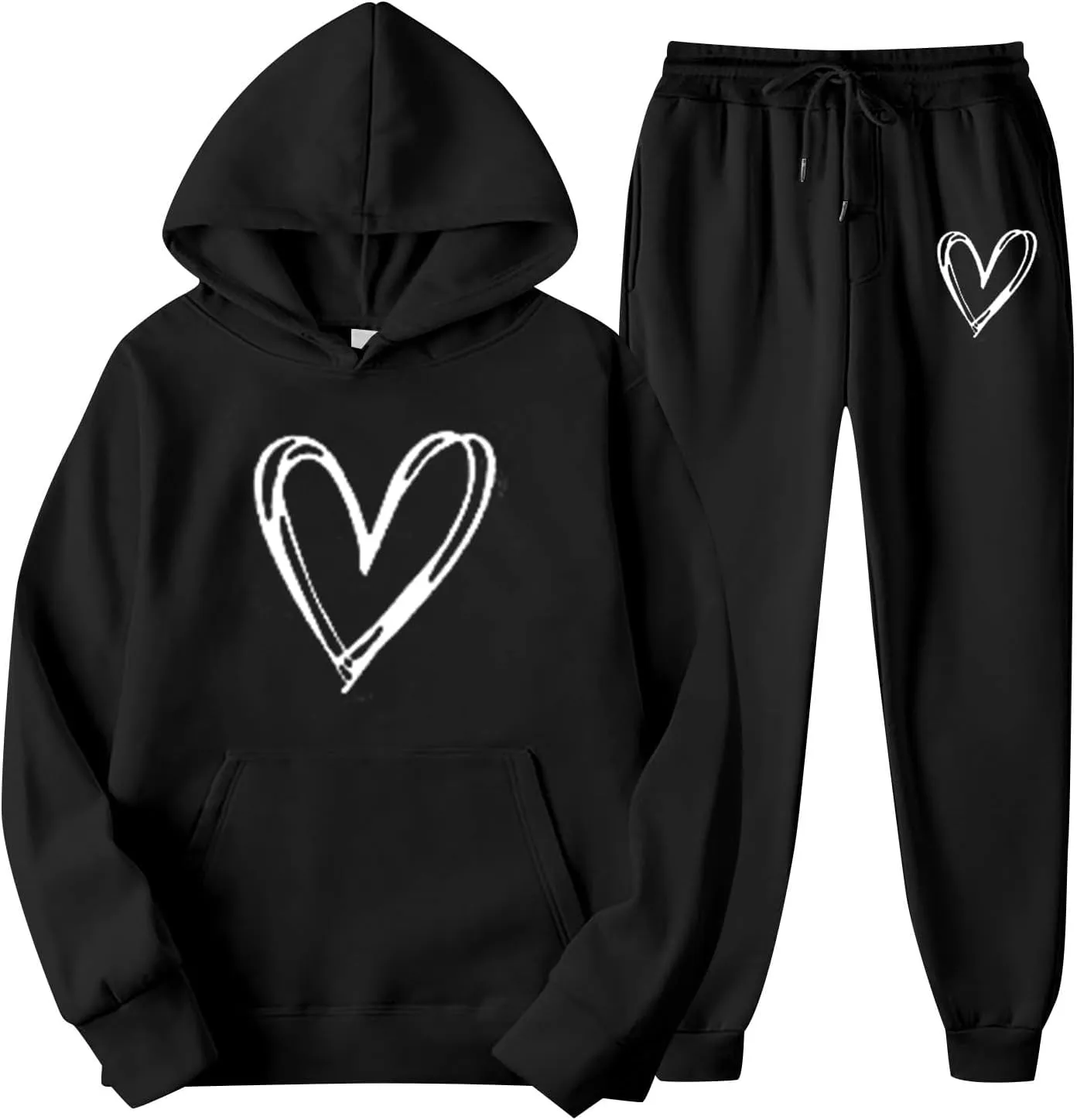 Two Piece Outfits for Women Oversized Heart Printed Pullover Hoodie Casual Sweatpants Tracksuits Lounge Sets