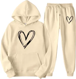 Two Piece Outfits for Women Oversized Heart Printed Pullover Hoodie Casual Sweatpants Tracksuits Lounge Sets