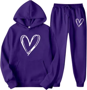 Two Piece Outfits for Women Oversized Heart Printed Pullover Hoodie Casual Sweatpants Tracksuits Lounge Sets