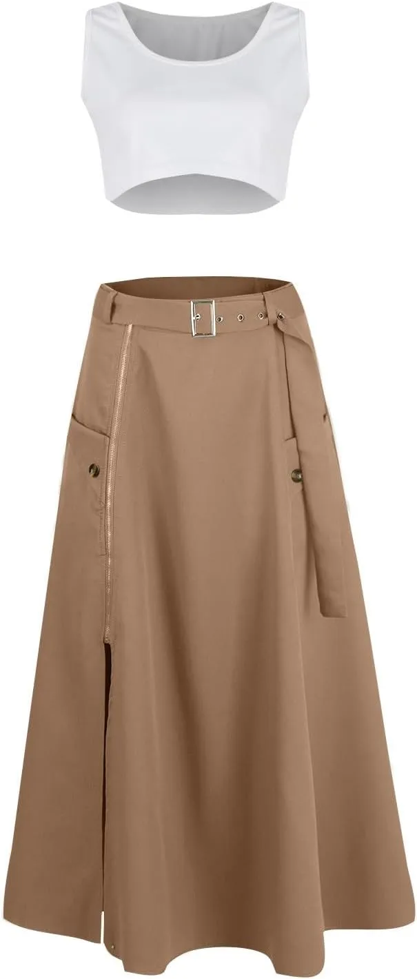 Two Piece Skirt Set for Women 2 Pieces Summer Outfits Tank Crop Top D Ring Waist Side Slit Midi Skirt Vacation Sets