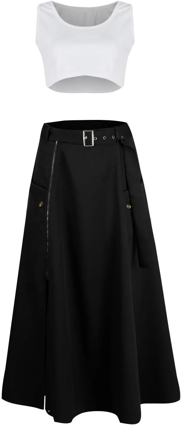 Two Piece Skirt Set for Women 2 Pieces Summer Outfits Tank Crop Top D Ring Waist Side Slit Midi Skirt Vacation Sets