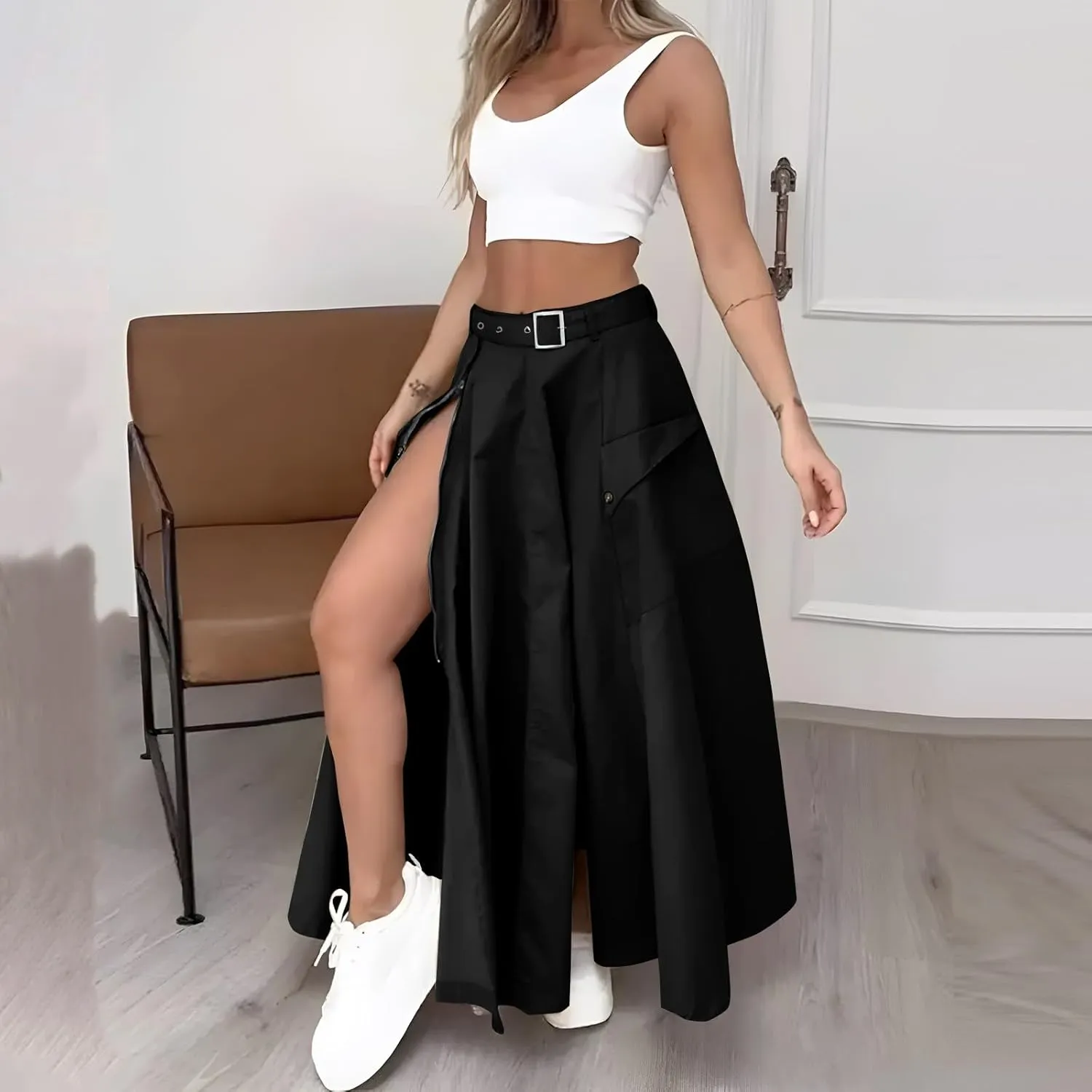 Two Piece Skirt Set for Women 2 Pieces Summer Outfits Tank Crop Top D Ring Waist Side Slit Midi Skirt Vacation Sets