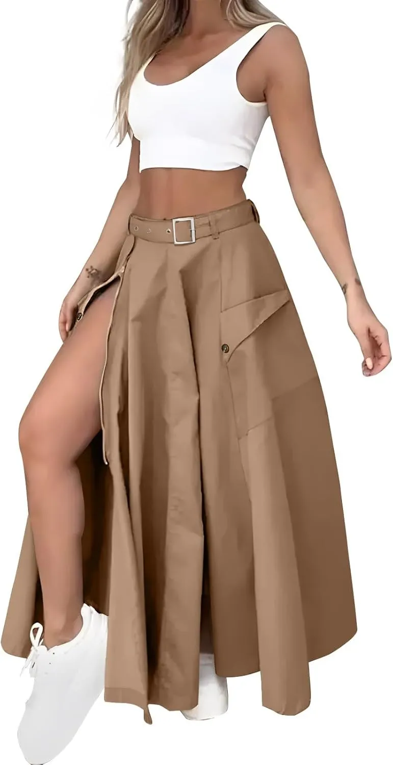 Two Piece Skirt Set for Women 2 Pieces Summer Outfits Tank Crop Top D Ring Waist Side Slit Midi Skirt Vacation Sets
