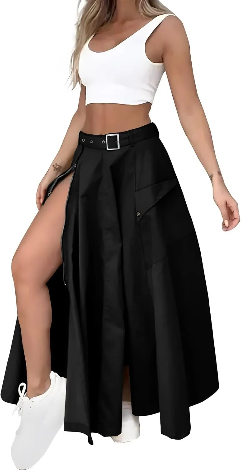 Two Piece Skirt Set for Women 2 Pieces Summer Outfits Tank Crop Top D Ring Waist Side Slit Midi Skirt Vacation Sets