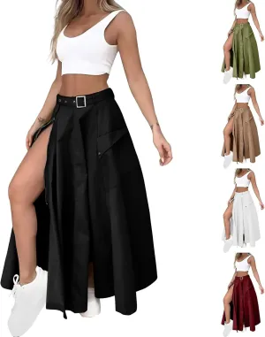 Two Piece Skirt Set for Women 2 Pieces Summer Outfits Tank Crop Top D Ring Waist Side Slit Midi Skirt Vacation Sets