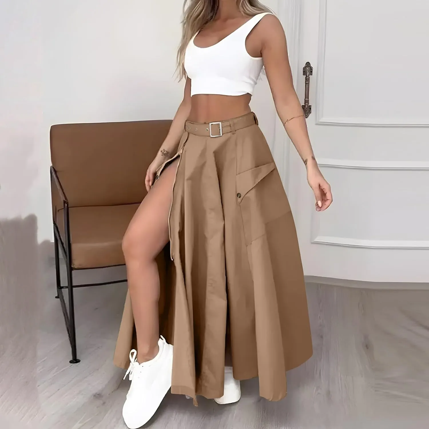 Two Piece Skirt Set for Women 2 Pieces Summer Outfits Tank Crop Top D Ring Waist Side Slit Midi Skirt Vacation Sets