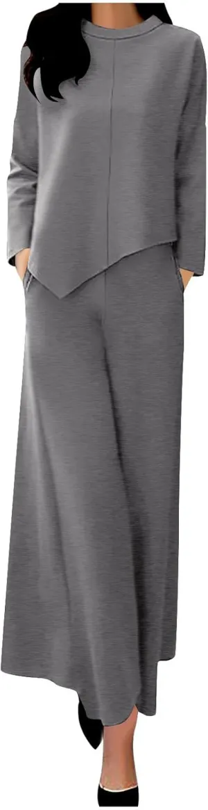 Two Piece Skirt Sets for Women Plus Size Lounge Outfits Irregular Long Sleeve Top Flowy Midi Skirt Set Business Suit
