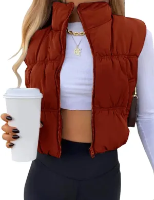 UANEO Womens Cropped Puffer Vest Zip Up Stand Collar Sleeveless Padded Cropped Vest
