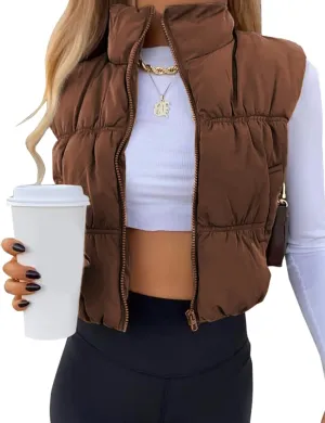 UANEO Womens Cropped Puffer Vest Zip Up Stand Collar Sleeveless Padded Cropped Vest