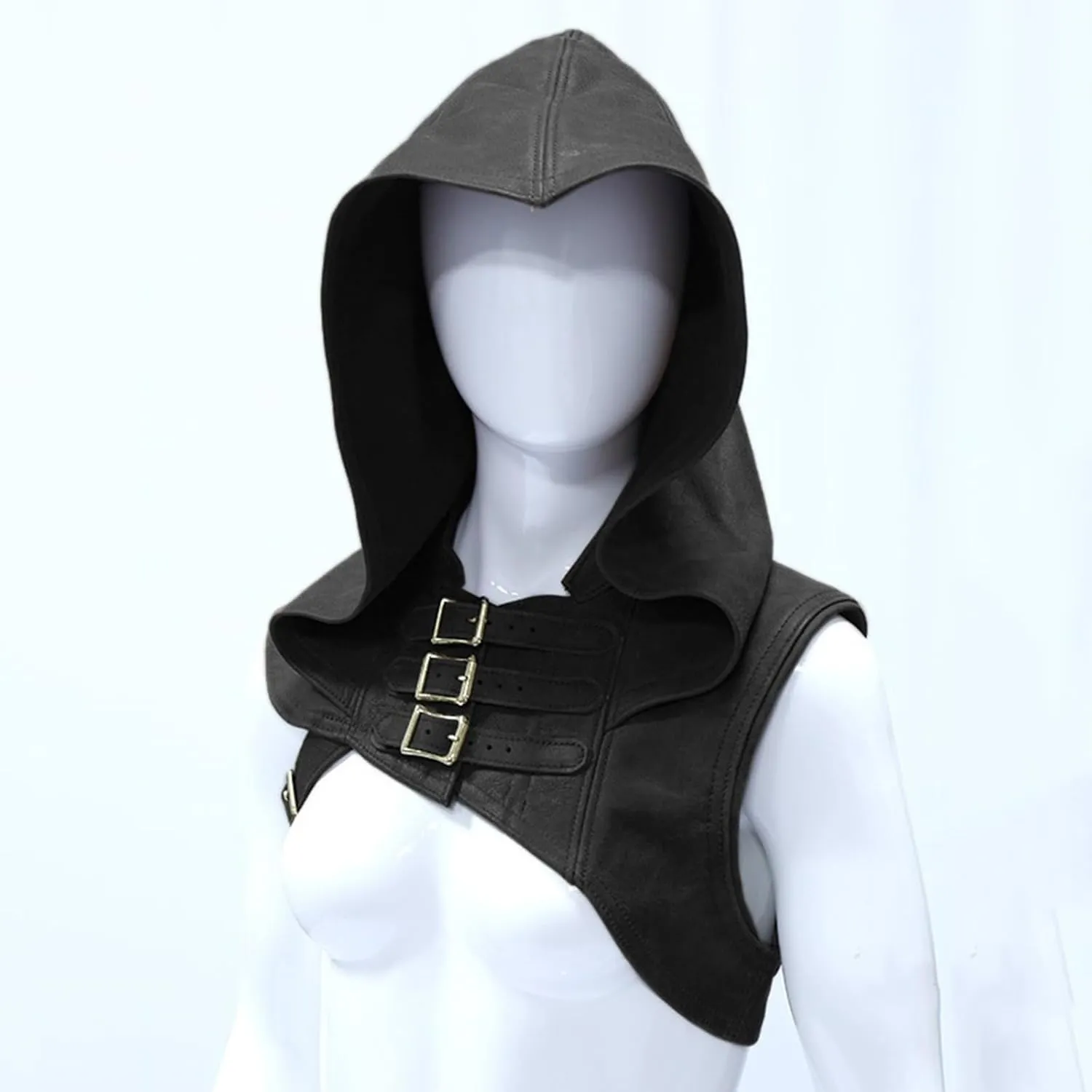 Unisex Medieval Hood Hat Faux Leather Guards Hat Retro Buckle Shoulder Guards Stage Suit Clothes Vintage Cloak