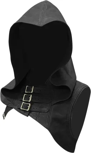 Unisex Medieval Hood Hat Faux Leather Guards Hat Retro Buckle Shoulder Guards Stage Suit Clothes Vintage Cloak
