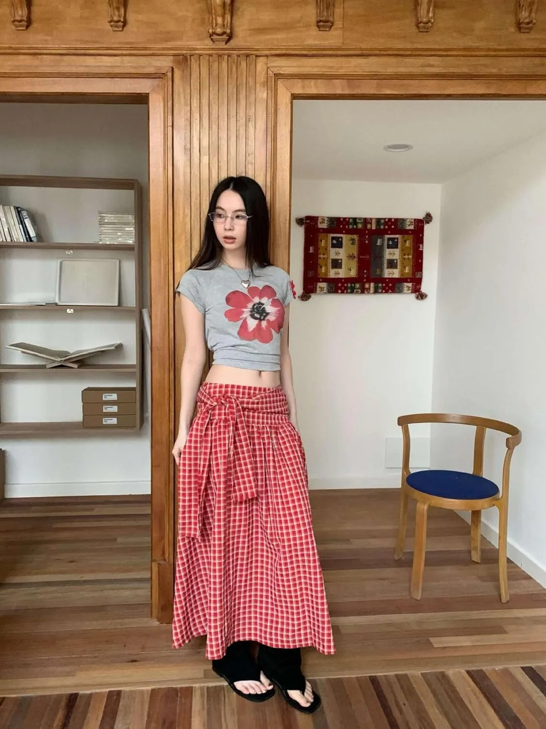 utcoco Women 2025 Fashion Tie Waist Plaid Maxi Skirt Casual Pleated A-Line Swing Long Skirts y2k Clothes