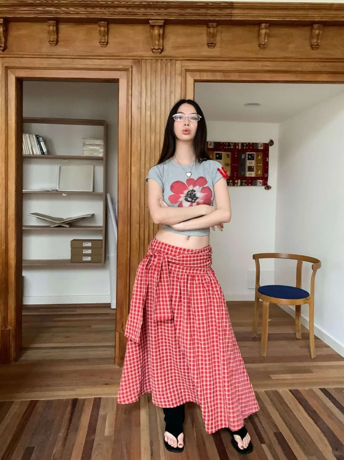 utcoco Women 2025 Fashion Tie Waist Plaid Maxi Skirt Casual Pleated A-Line Swing Long Skirts y2k Clothes
