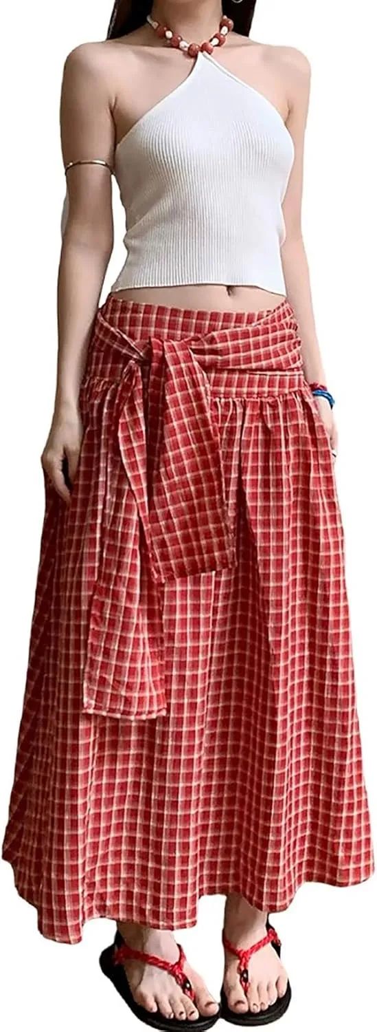 utcoco Women 2025 Fashion Tie Waist Plaid Maxi Skirt Casual Pleated A-Line Swing Long Skirts y2k Clothes