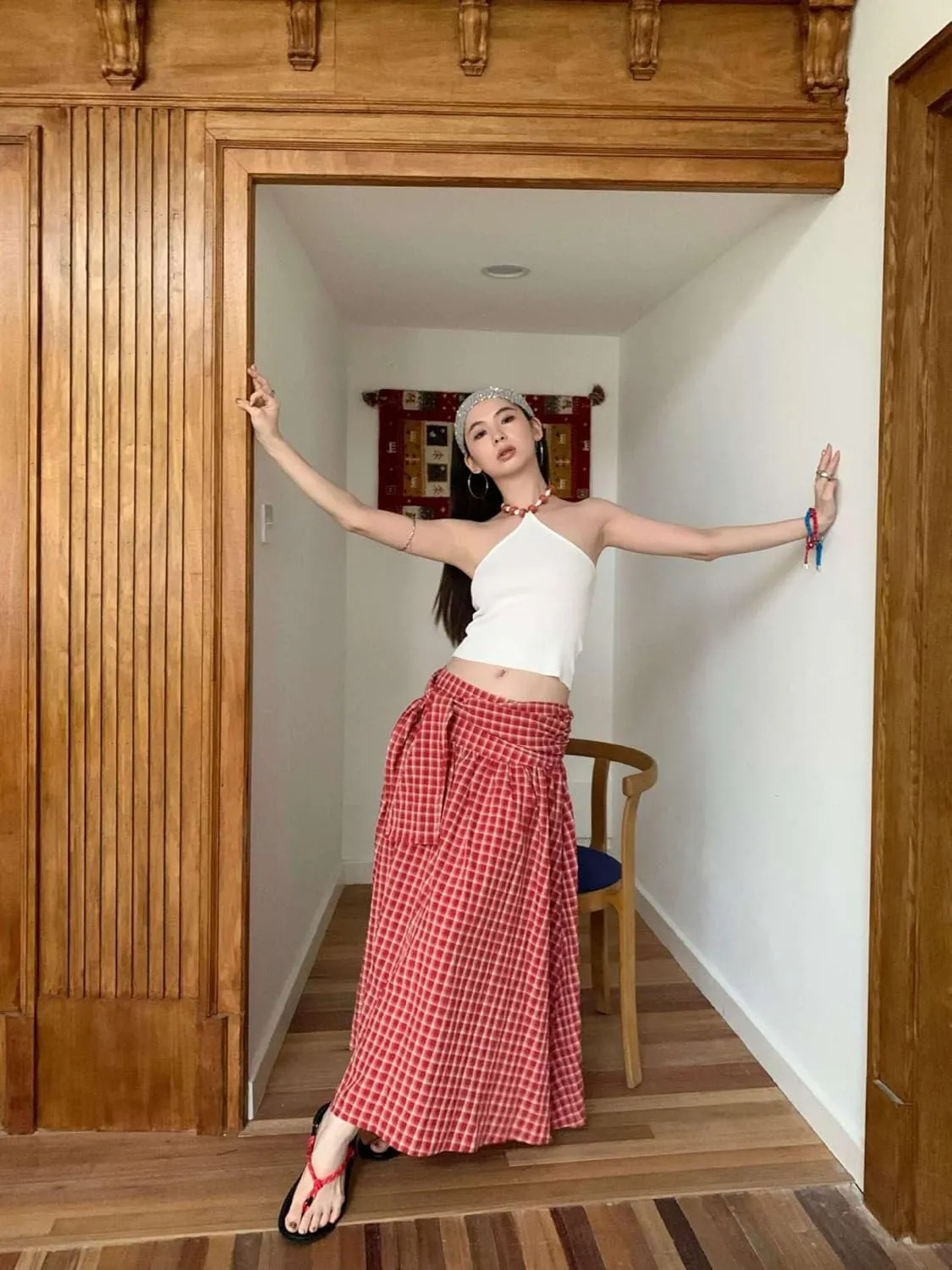 utcoco Women 2025 Fashion Tie Waist Plaid Maxi Skirt Casual Pleated A-Line Swing Long Skirts y2k Clothes