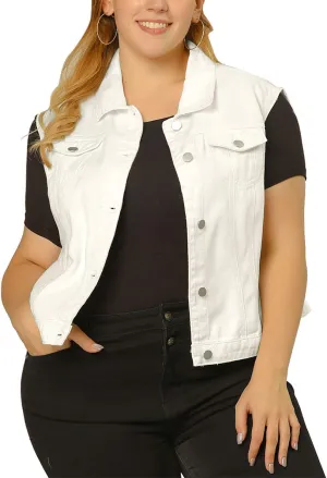 uxcell Denim Vest Top for Women Plus Size Sleeveless Button Down Waistcoat with Two Chest Flap Pockets Jean Jacket Vest