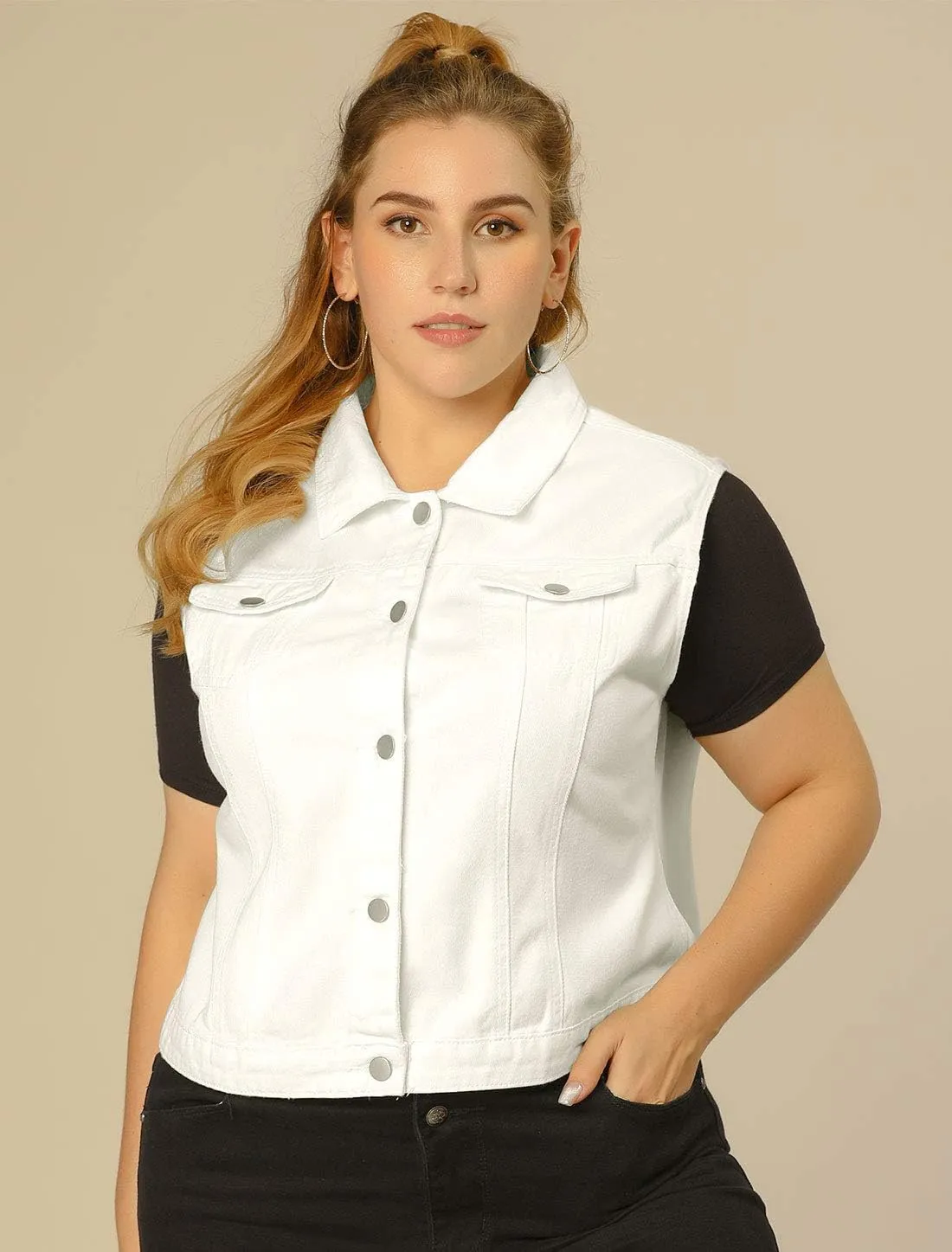 uxcell Denim Vest Top for Women Plus Size Sleeveless Button Down Waistcoat with Two Chest Flap Pockets Jean Jacket Vest