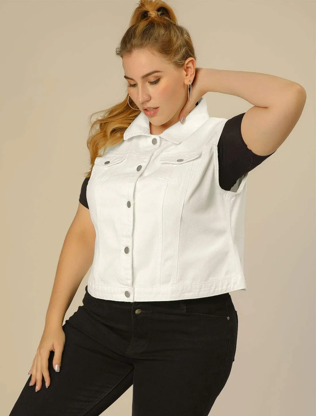 uxcell Denim Vest Top for Women Plus Size Sleeveless Button Down Waistcoat with Two Chest Flap Pockets Jean Jacket Vest