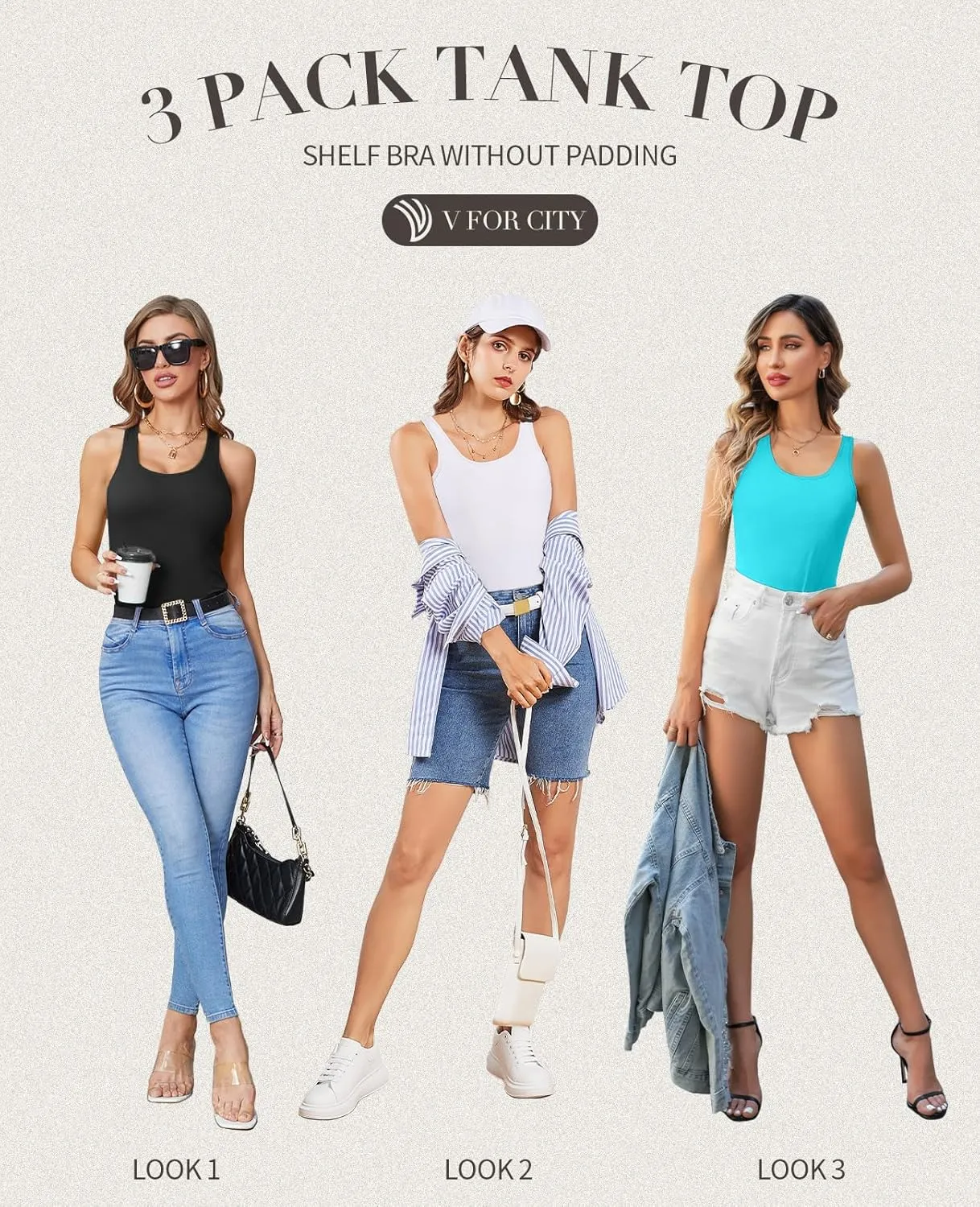V FOR CITY Racerback Tank Tops for Women with Shelf Bra Cotton Wide Strap Camisole Yoga Cami Shirts 3 Pack