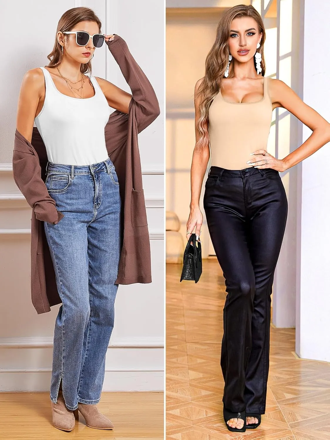 V FOR CITY Tank Top for Women with Shelf Bra Cotton Adjustable Wide Strap Camisole Basic Cami Shirts 2 Pack