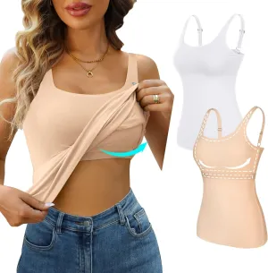 V FOR CITY Tank Top for Women with Shelf Bra Cotton Adjustable Wide Strap Camisole Basic Cami Shirts 2 Pack