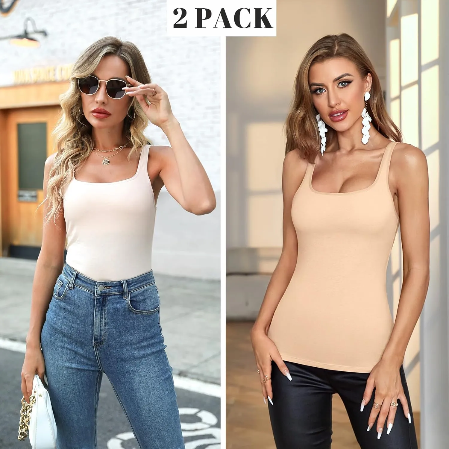 V FOR CITY Tank Top for Women with Shelf Bra Cotton Adjustable Wide Strap Camisole Basic Cami Shirts 2 Pack