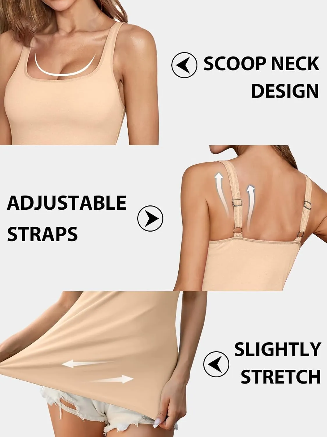 V FOR CITY Tank Top for Women with Shelf Bra Cotton Adjustable Wide Strap Camisole Basic Cami Shirts 2 Pack