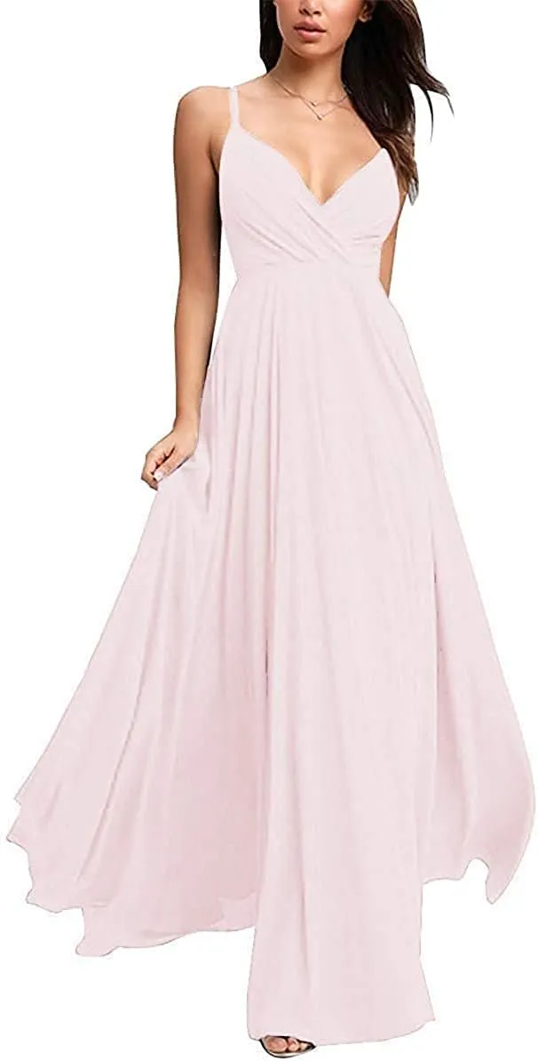 V-Neck Bridesmaid Dresses Long Chiffon Sleeveless A-line Prom Party Evening Gown Pink 12